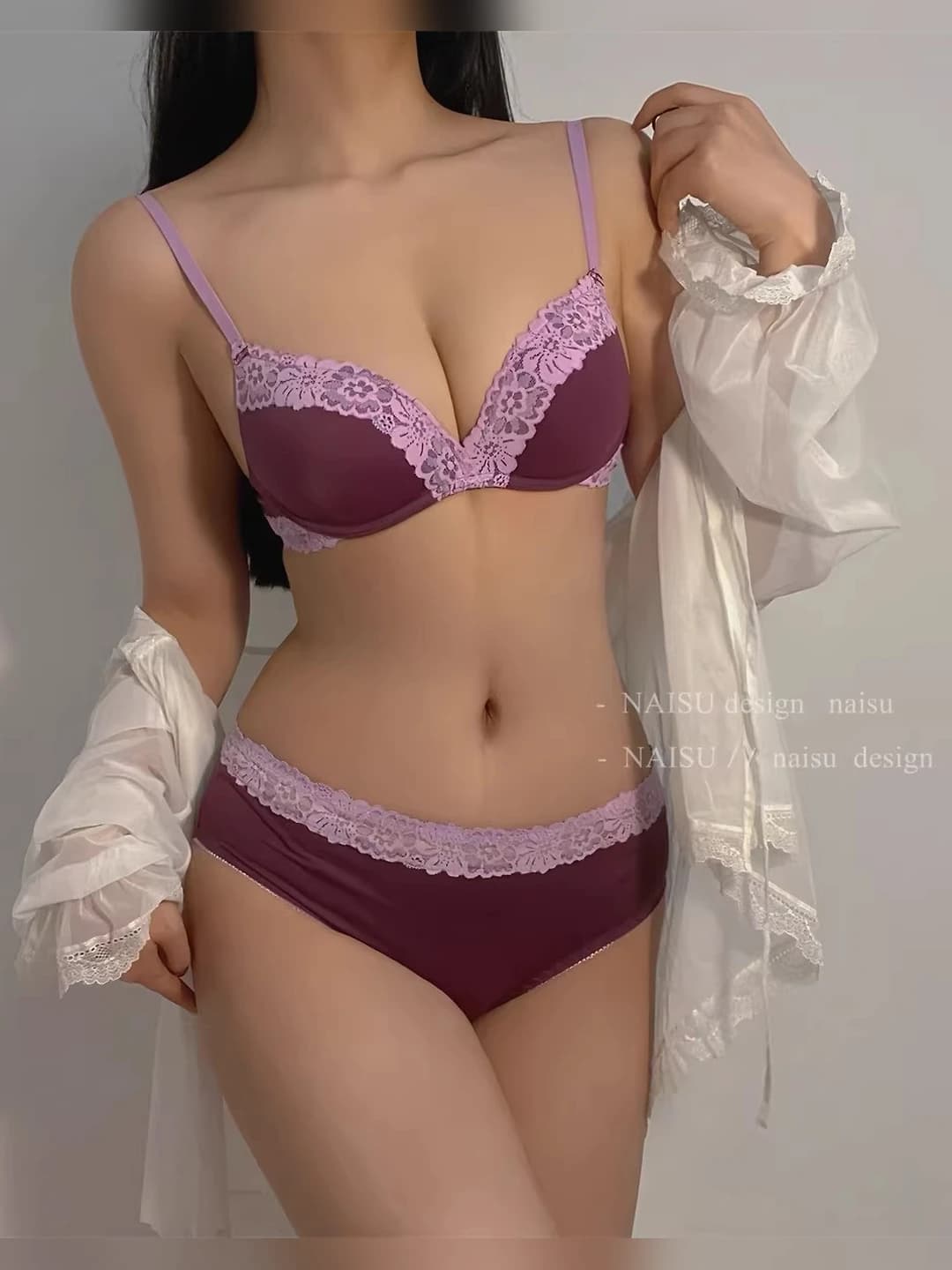 Women's French deep V lace bra and underwear set, gathering, side support, anti-sagging, minimizing large bust, 3/4 cup, thin top thick bottom molded cup, fixed straps, 4-row back closure, massage, seamless, breathable, moisture-wicking, lifting