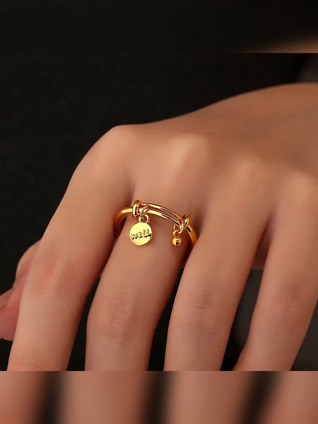 Women's adjustable ring with English letters, geometric shape, made of copper with gold plating
