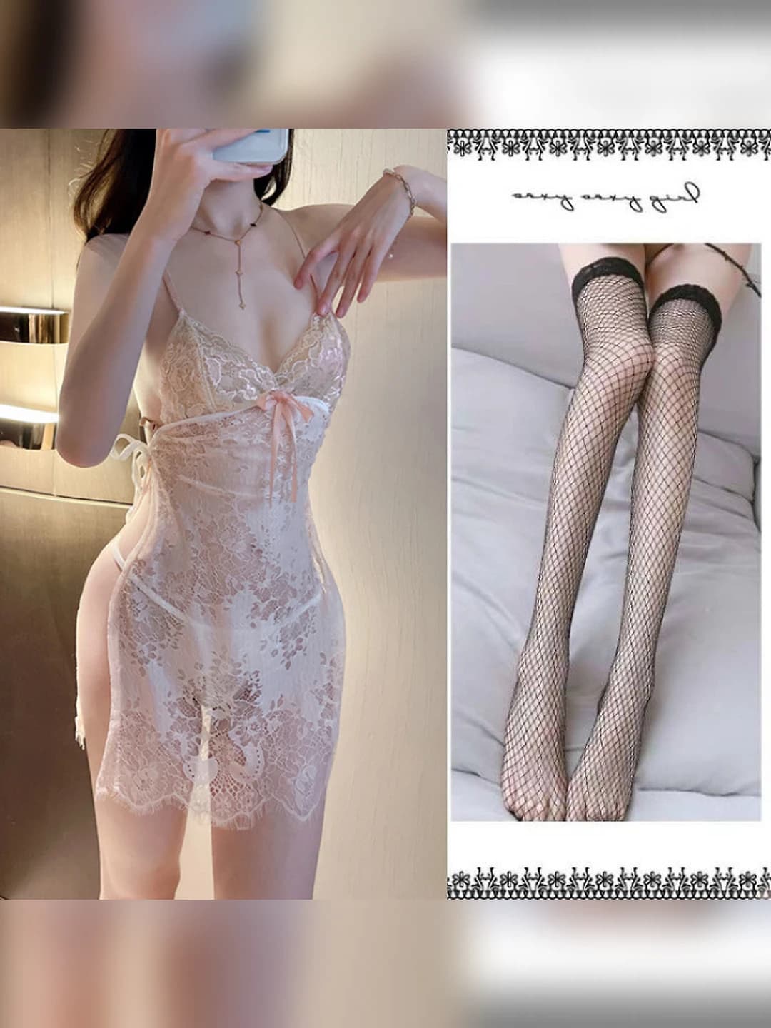 Light pink nightgown + T-thong + Black fishnets