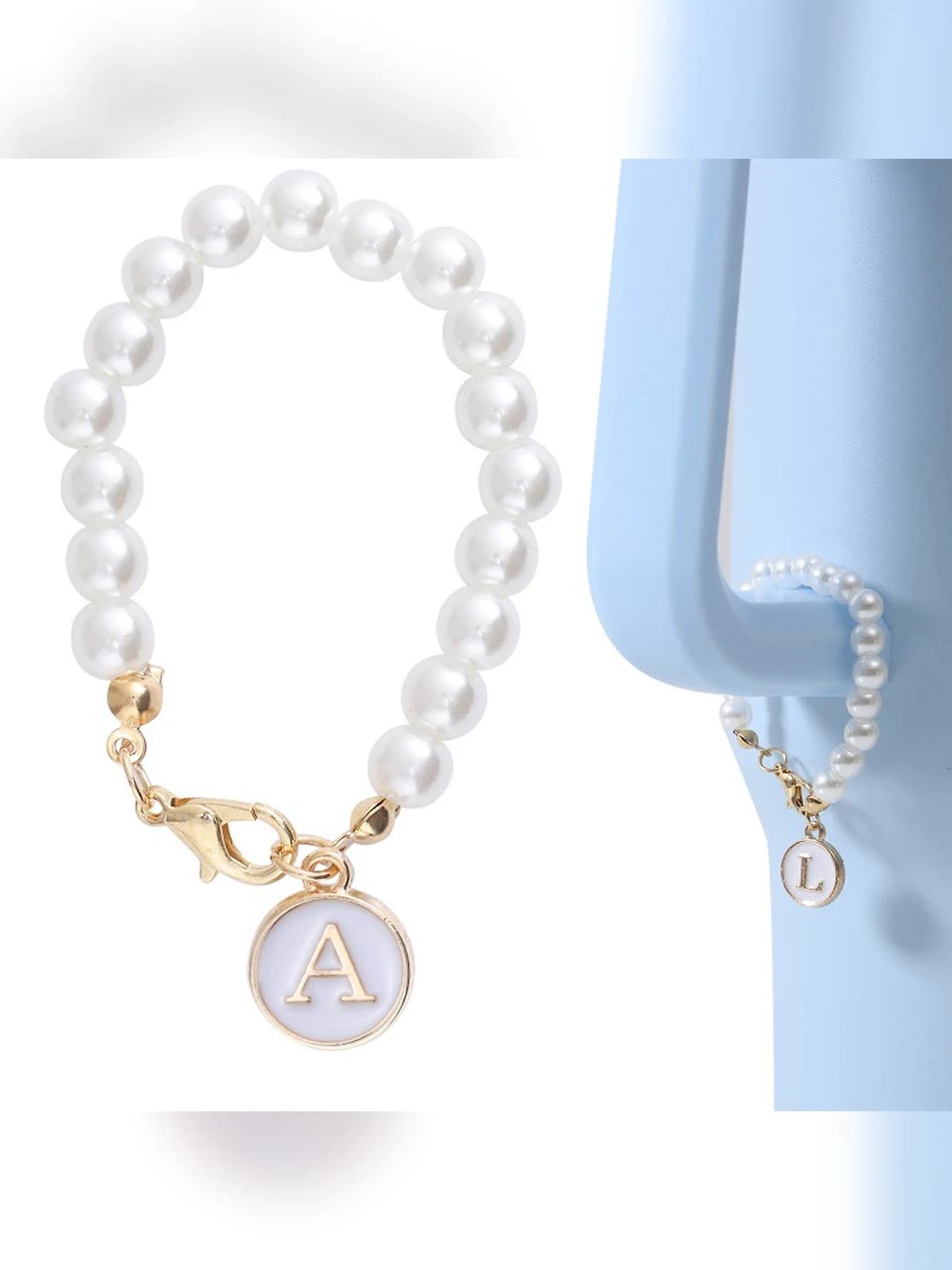 White round letter pearl cup charm