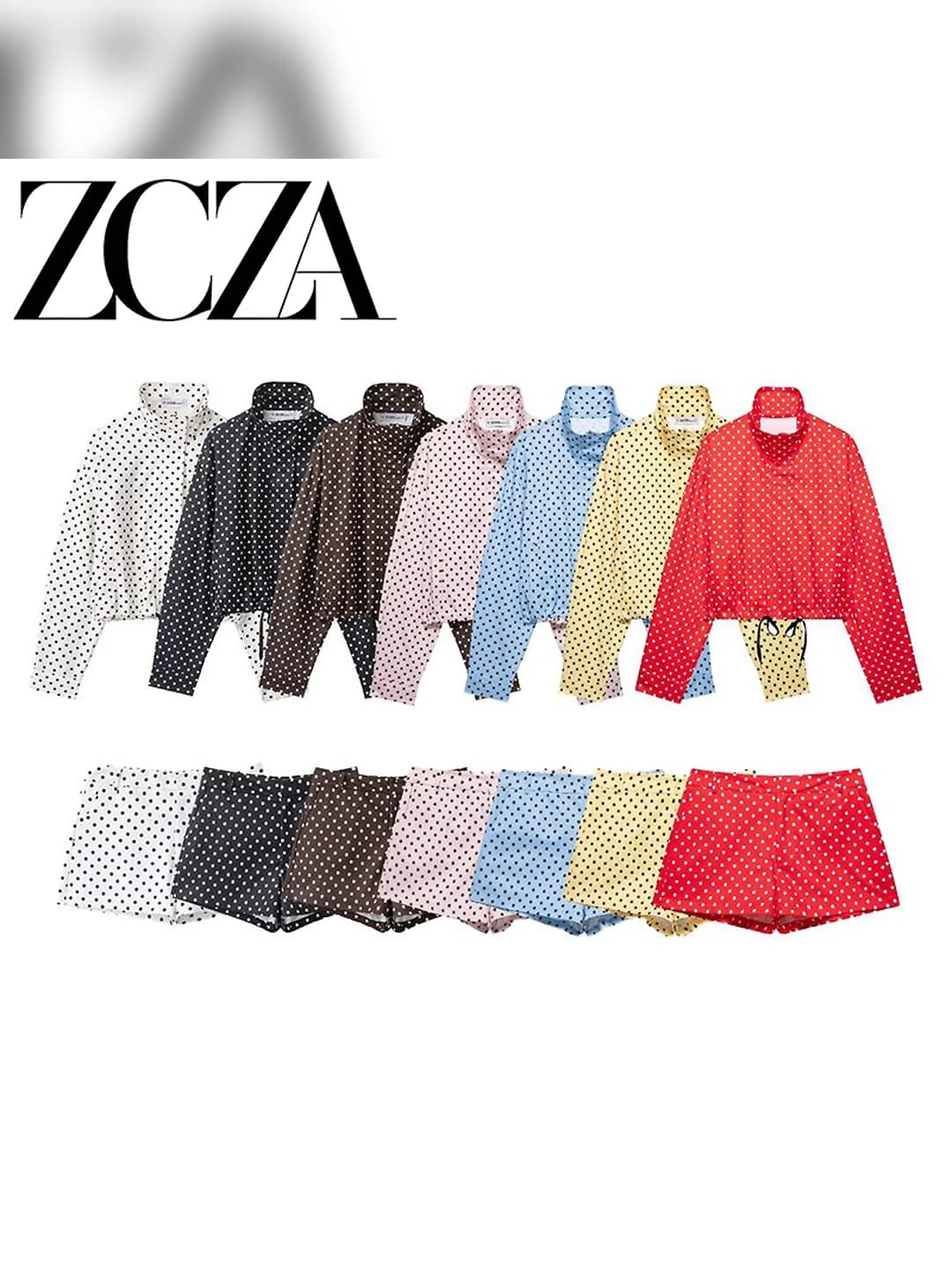 Women's polka-dot jacket and knee-length shorts set, long sleeve, polyester, spring and autumn