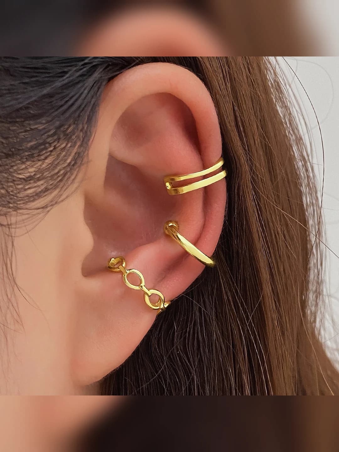 Women's U-shaped ear clips with chain and cutout, cold style earrings with geometric design element