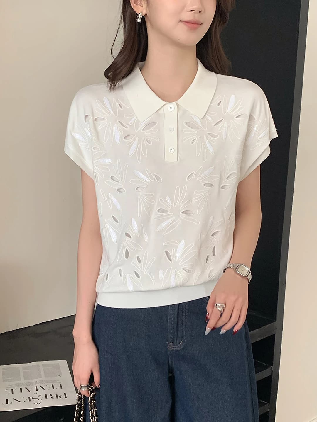Women's knit top, POLO collar, embroidered, thin, summer 2026