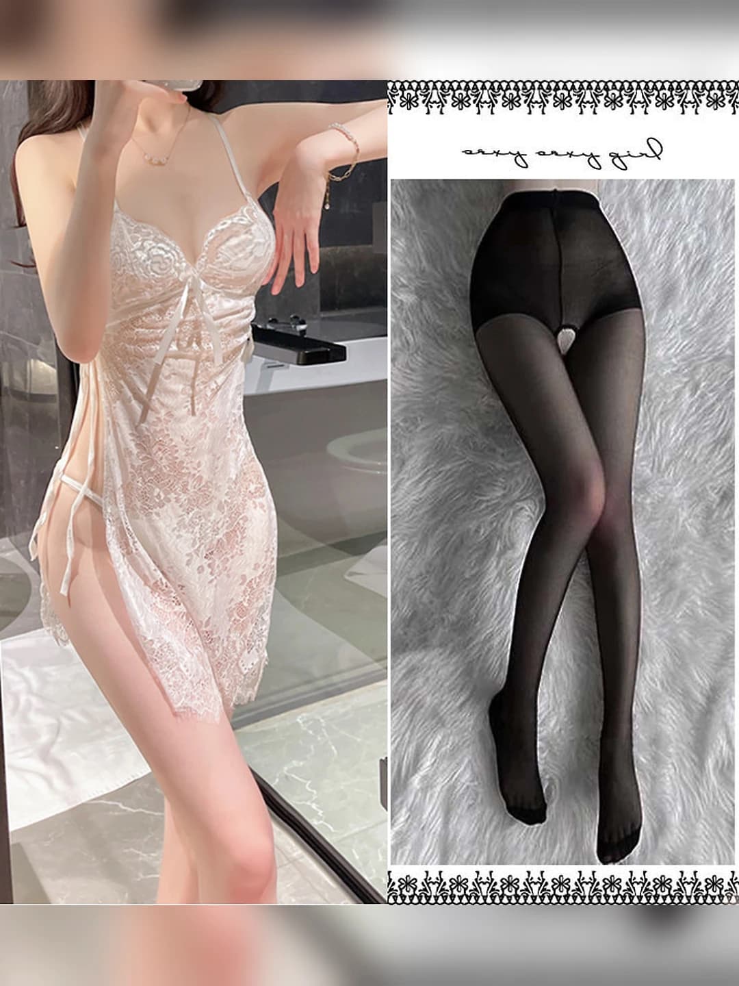 White nightgown + T-thong + Black open crotch tights