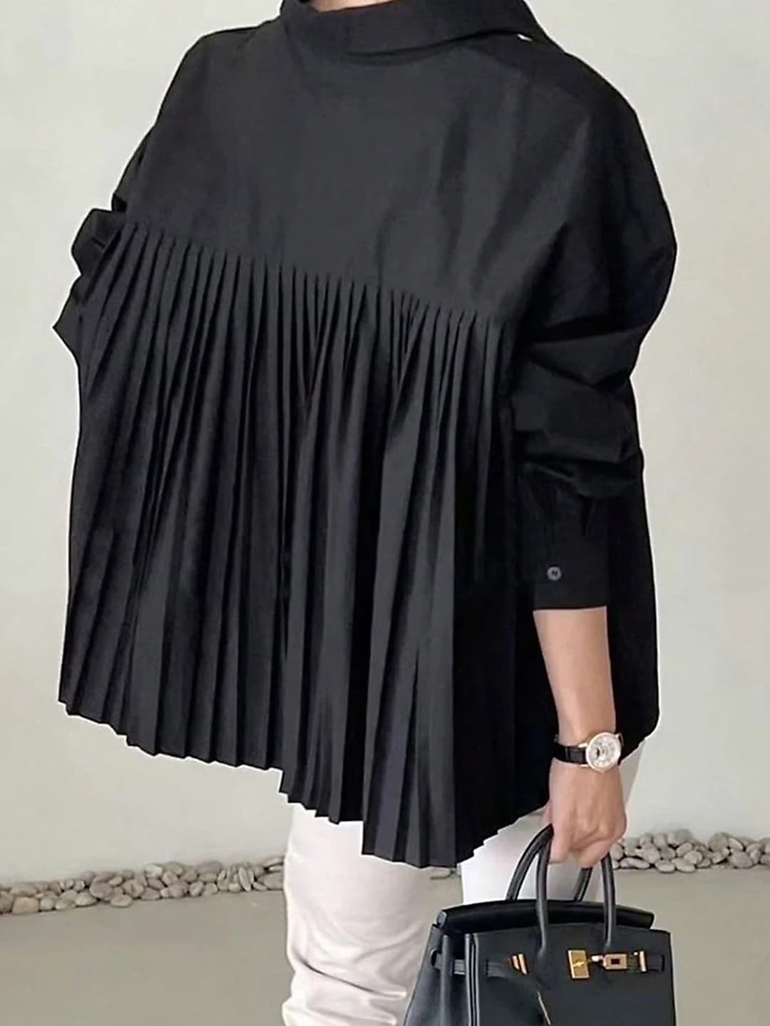 Women's plus size pleated blouse, spring-autumn, solid colour, loose fit, lapel collar, long sleeve, cardigan style shirt