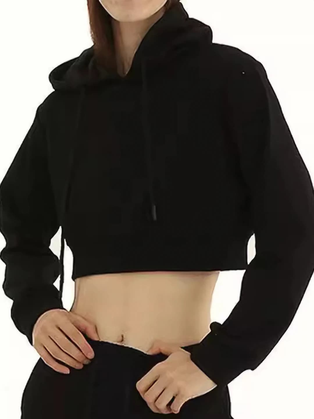 Women's autumn cropped pullover hoodie, high waist, long sleeve, solid colour, hooded, thin fabric