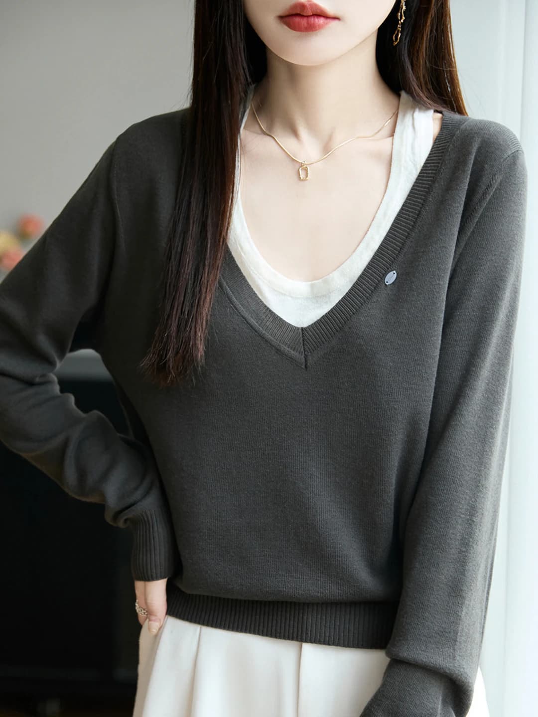 Women's V-neck long sleeve loose fit sweater, 2026 spring-summer