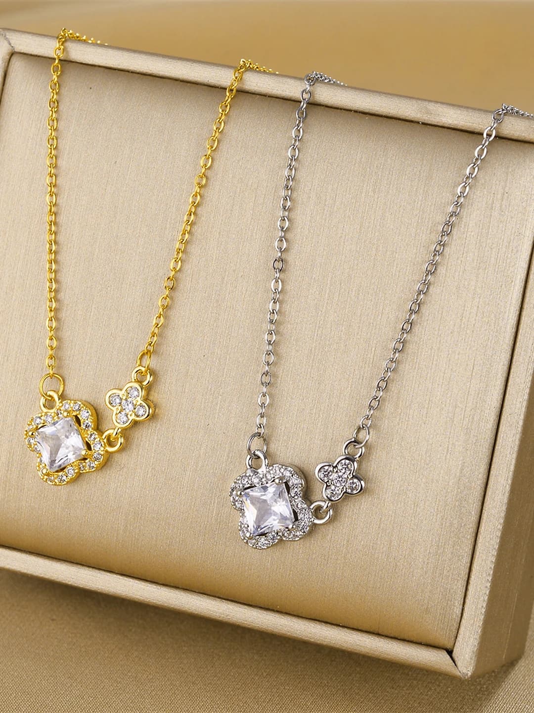 Women's titanium steel necklace with micro-pavé zirconia flower pendant, light luxury style, simple design