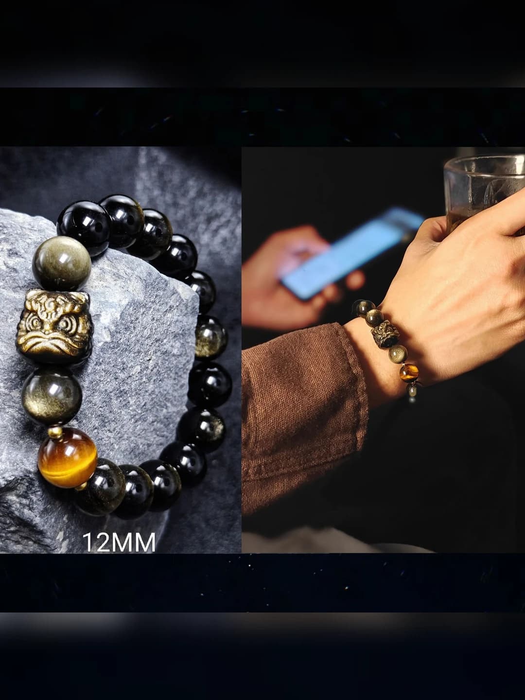 Oltin obid asad oq obsidian 12mm+Tiger eye