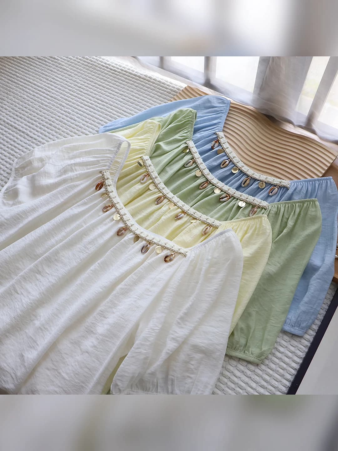 Women's 2026 summer Korean style loose fit short sleeve blouse, collar type: boat neck, sleeve type: puff, pattern: fringe, fabric: cotton