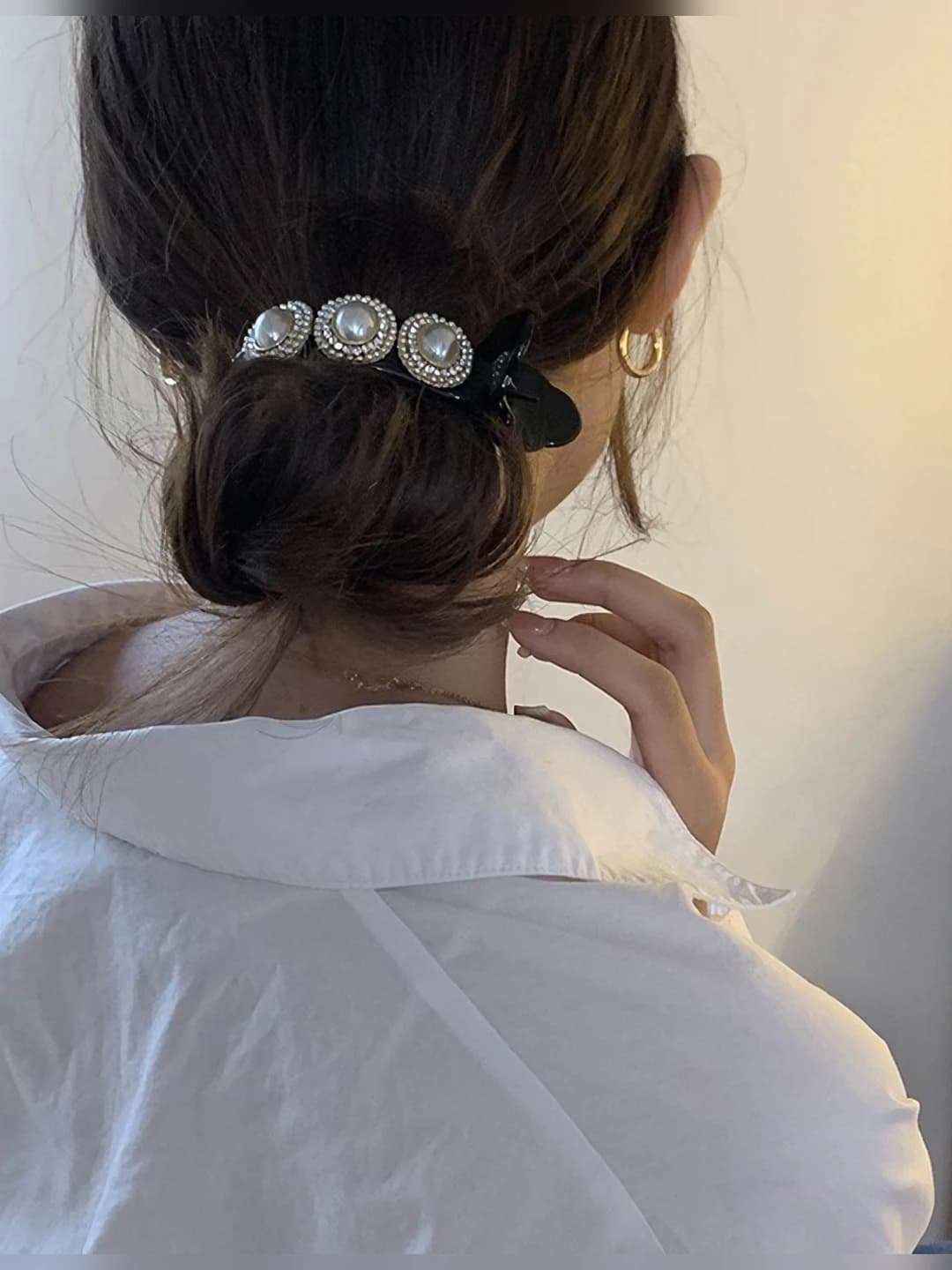 Women's plastic hair claw clip with pearls and rhinestones, handmade, Japanese-Korean style