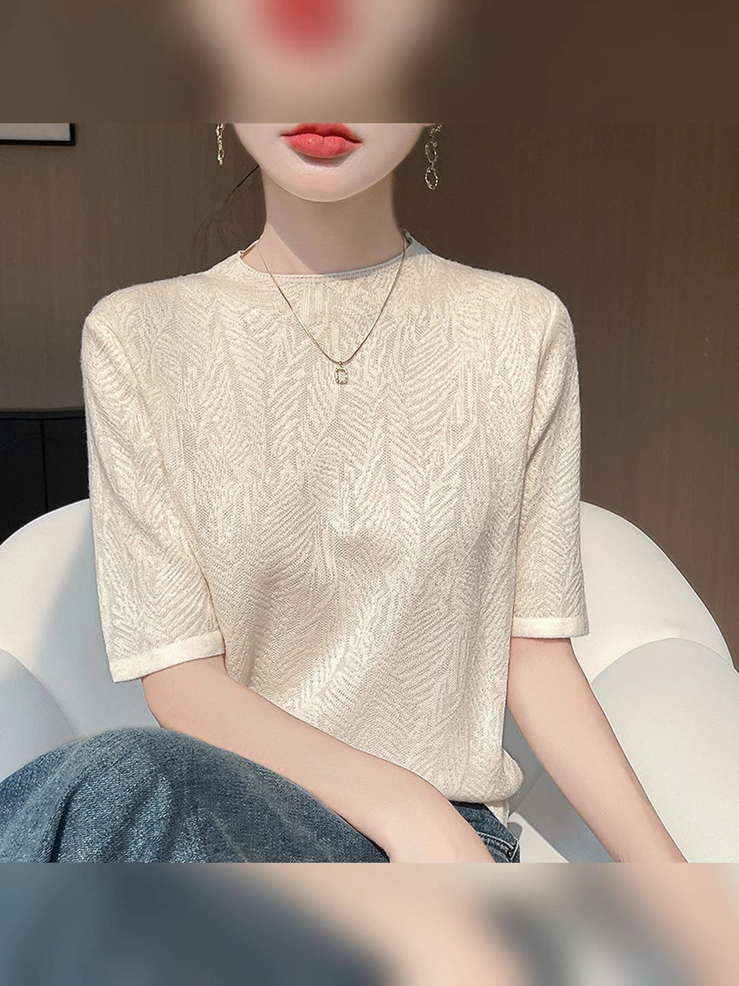 Women's spring-summer wool knit top, crew neck, short sleeve, loose fit, solid colour