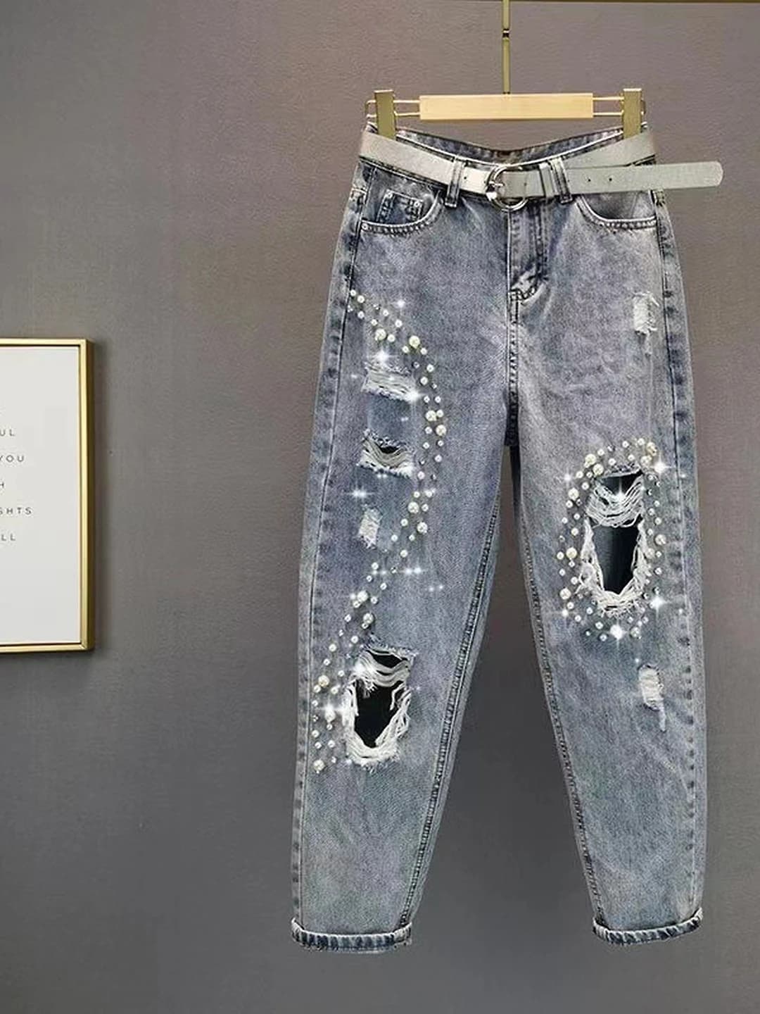 Women's 2026 summer new high waist loose fit slimming distressed rhinestone boyfriend jeans