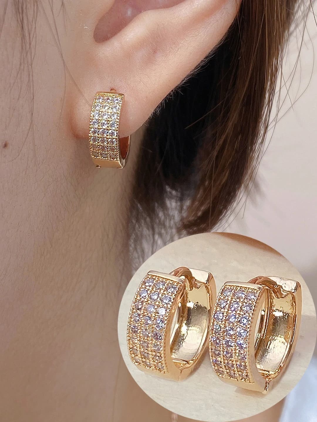 Women's gold-plated brass stud earrings with zircon, simple style