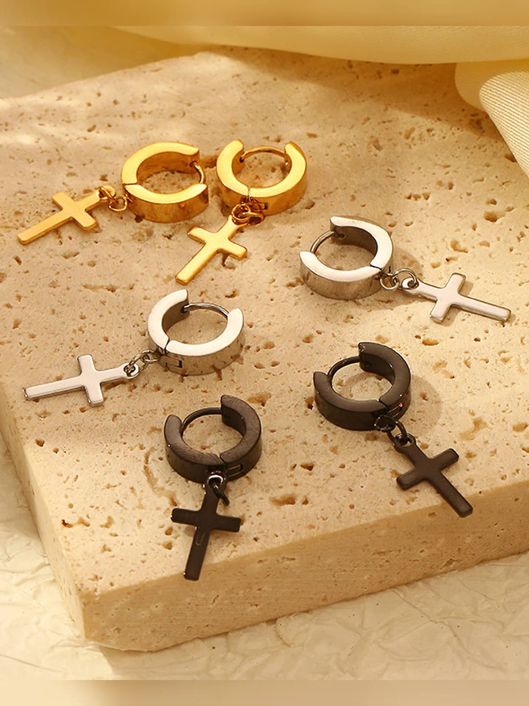 Men's and women's stainless steel cross earrings with 18K gold plating