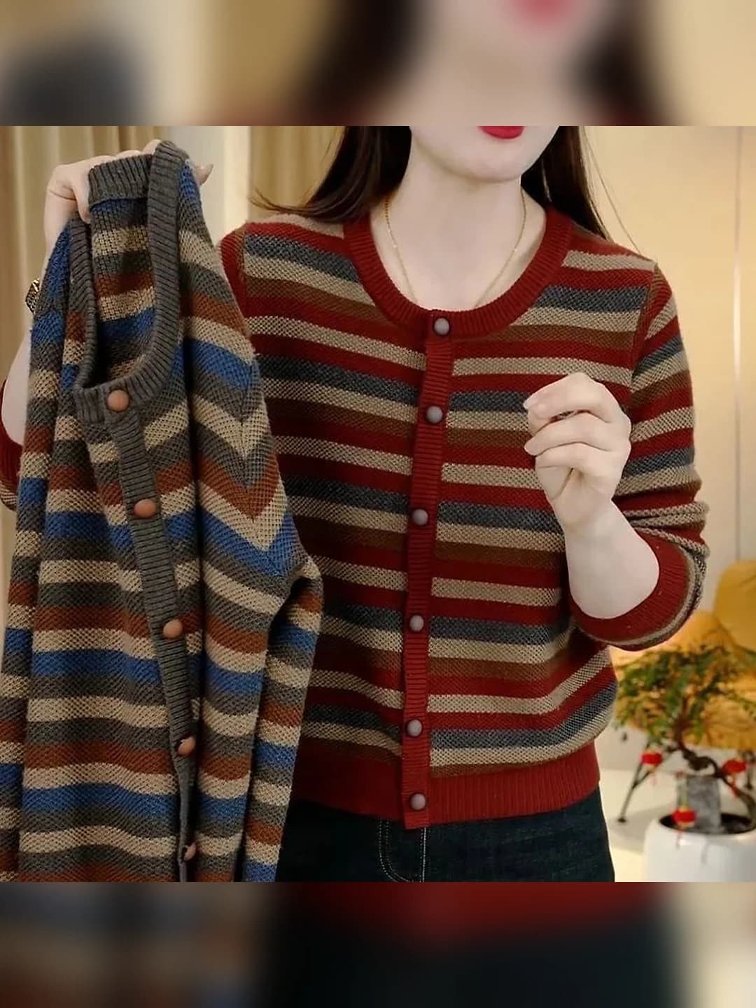 Women's autumn striped knit cardigan, long sleeve, crew neck, loose fit, slimming, retro style, closure: single button row