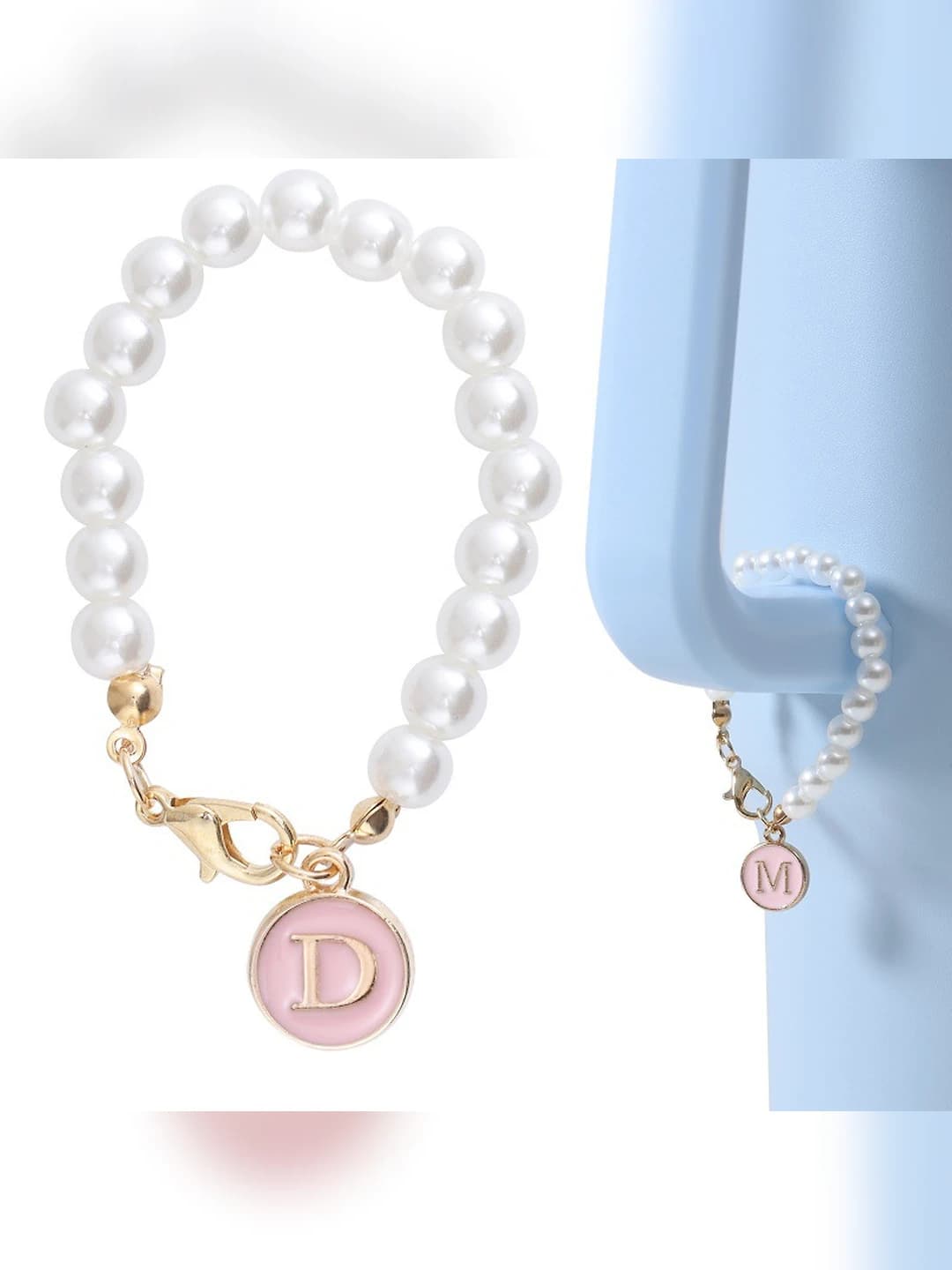 Pink round letter pearl cup charm