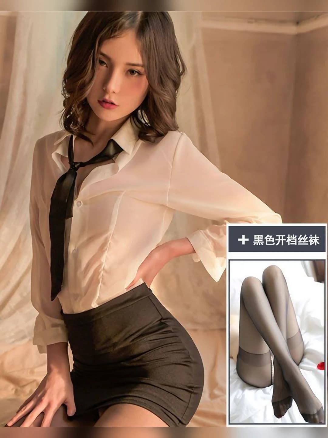 Топ+Юбка+Галстук+Бельё+Чёрные open-crotch