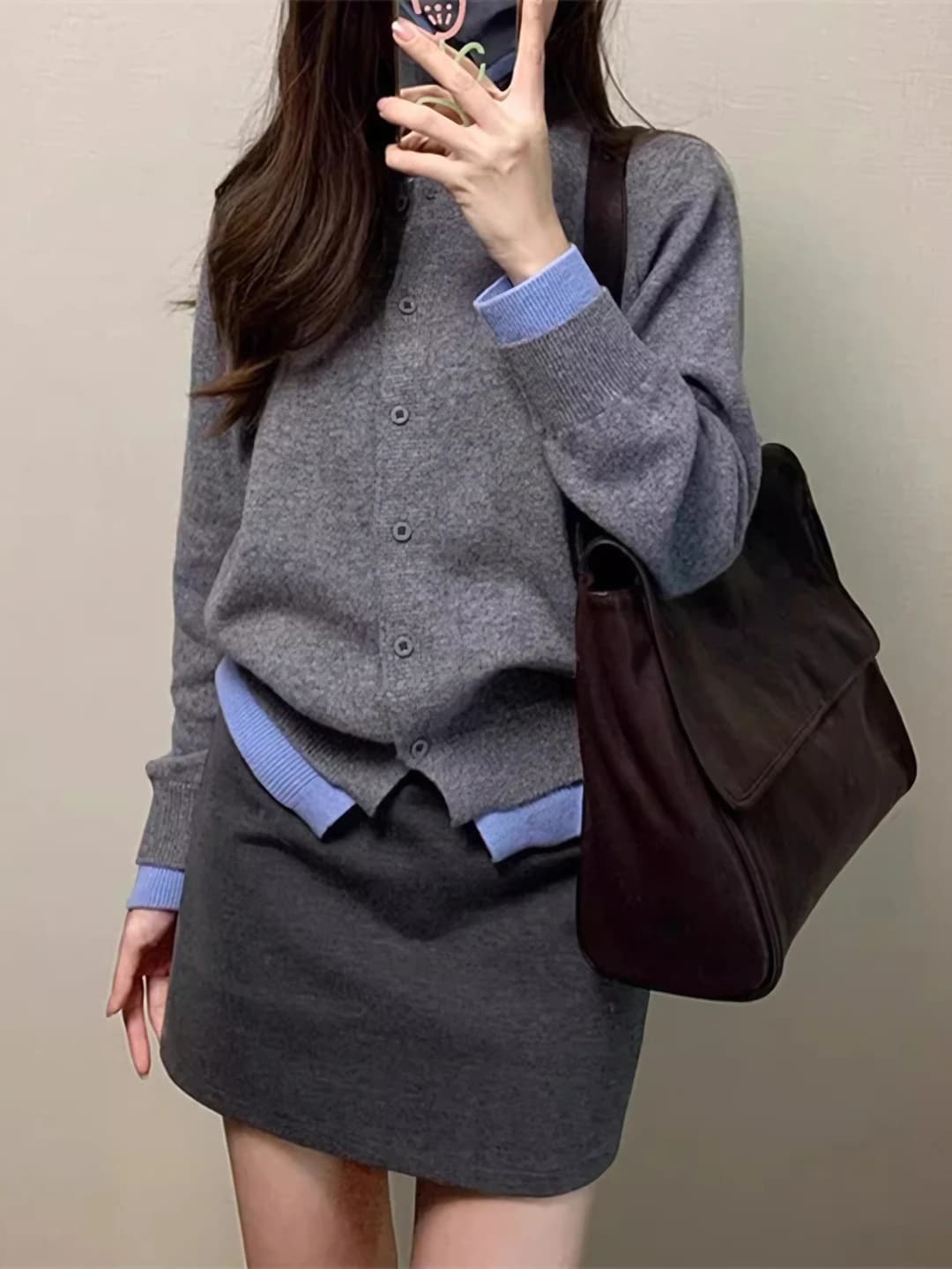 Women's Korean style grey loose fit crew neck long sleeve cardigan, casual style, autumn