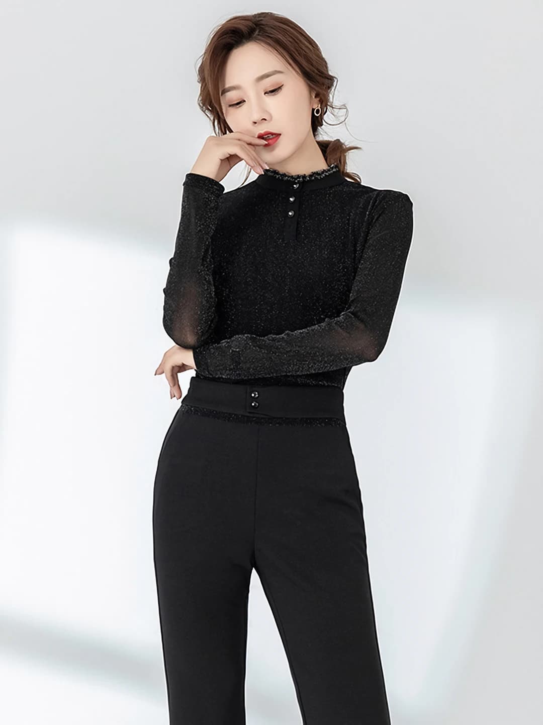 Women's thin high neck long sleeve slim fit solid colour spring-autumn blouse
