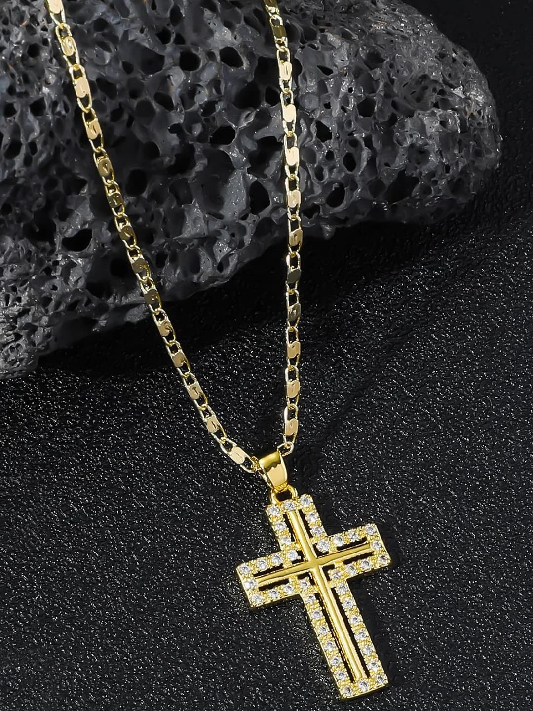 Women's geometric cross pendant necklace in brass with zircon on a chain