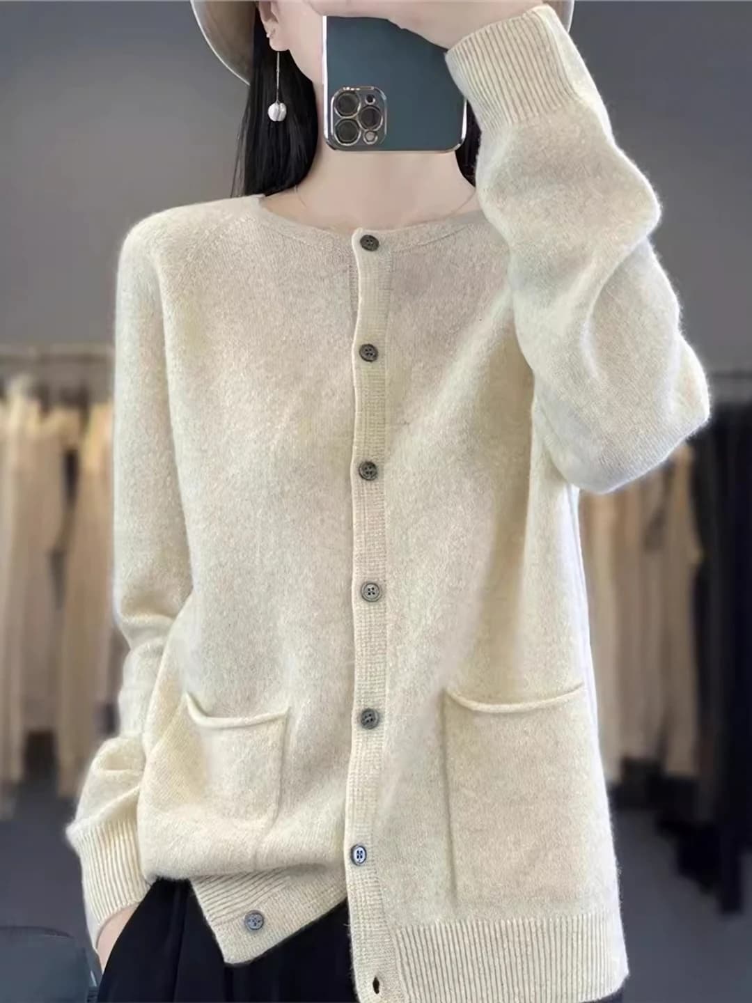 Women's autumn thin knit cardigan, crew neck, long sleeve, loose fit, solid colour, non-iron