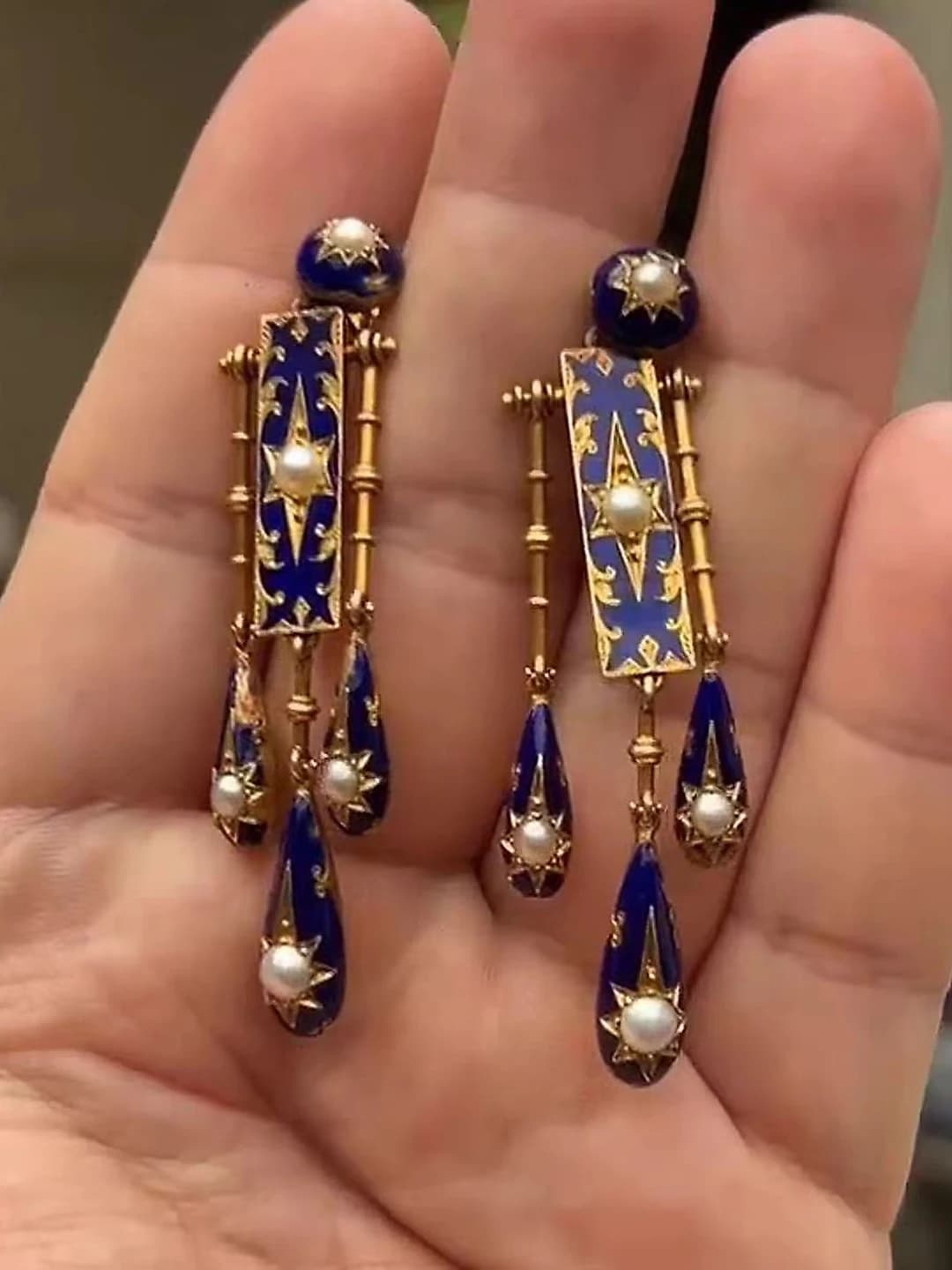 Women's retro blue teardrop tassel earrings, 925 silver