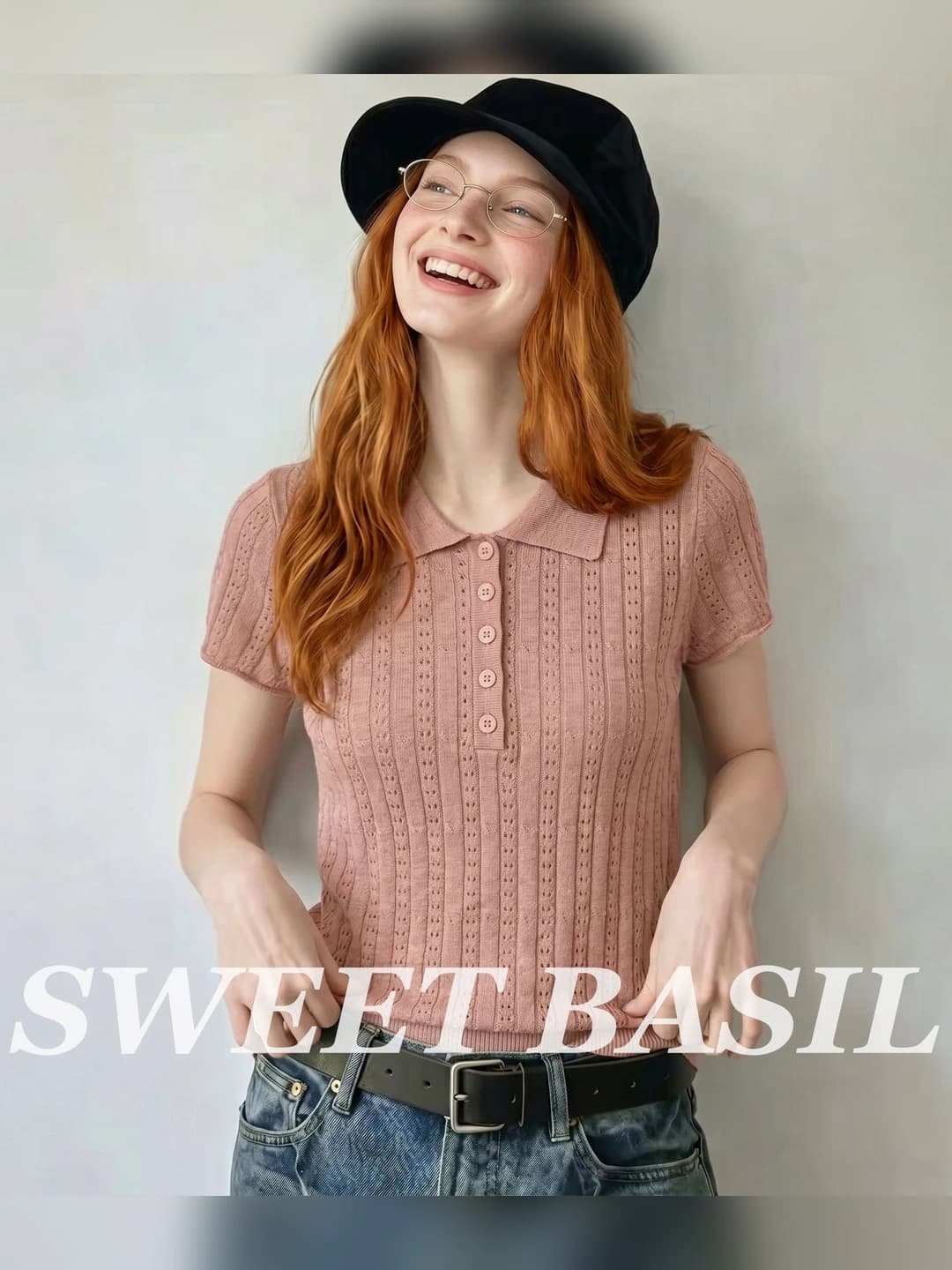Ayollar uchun yozgi trikotaj sviter, POLO yoqa, kalta yeng, bir rangli, kalta