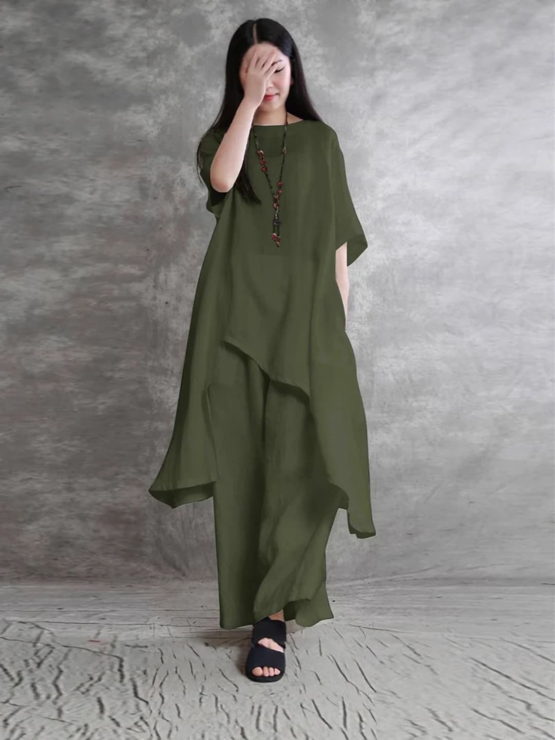 Women's plus size casual set: short sleeve top and trousers, solid colour, cotton-linen