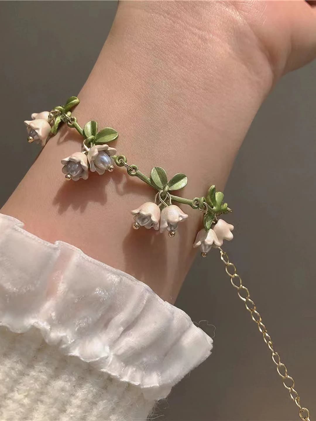 Green leaf Pink lily of the valley Bracelet #SZ249
