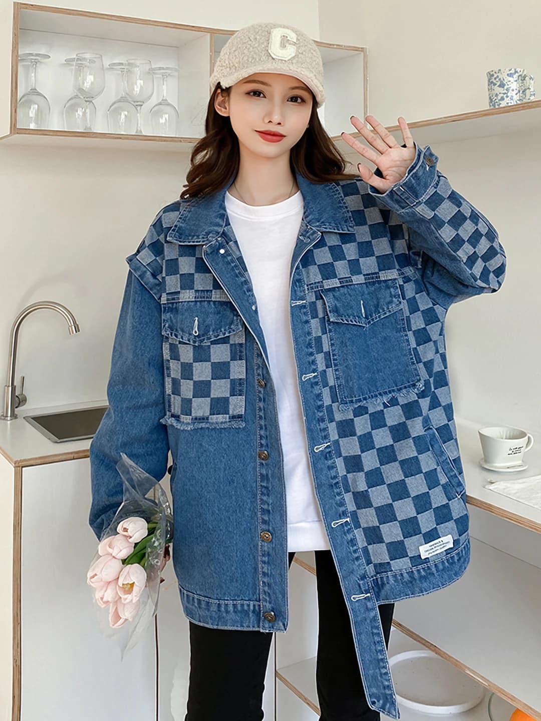 Women's spring-autumn loose denim jacket, printed, long sleeve, lapel collar, retro style