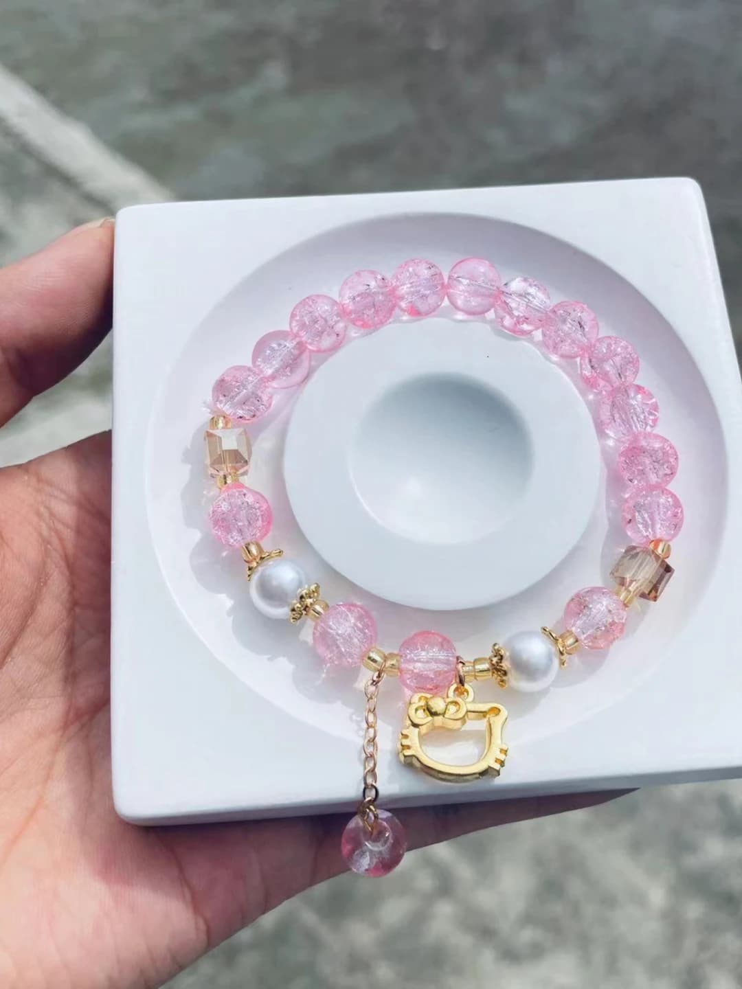 Gold cat pink crystal bangle
