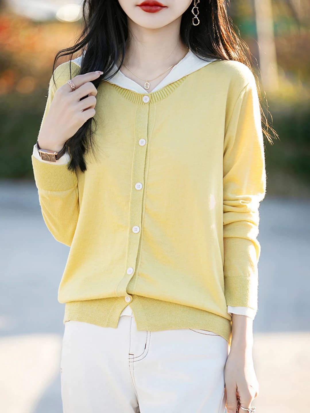 Women's spring wool cardigan, hooded, long sleeve, solid colour, thin