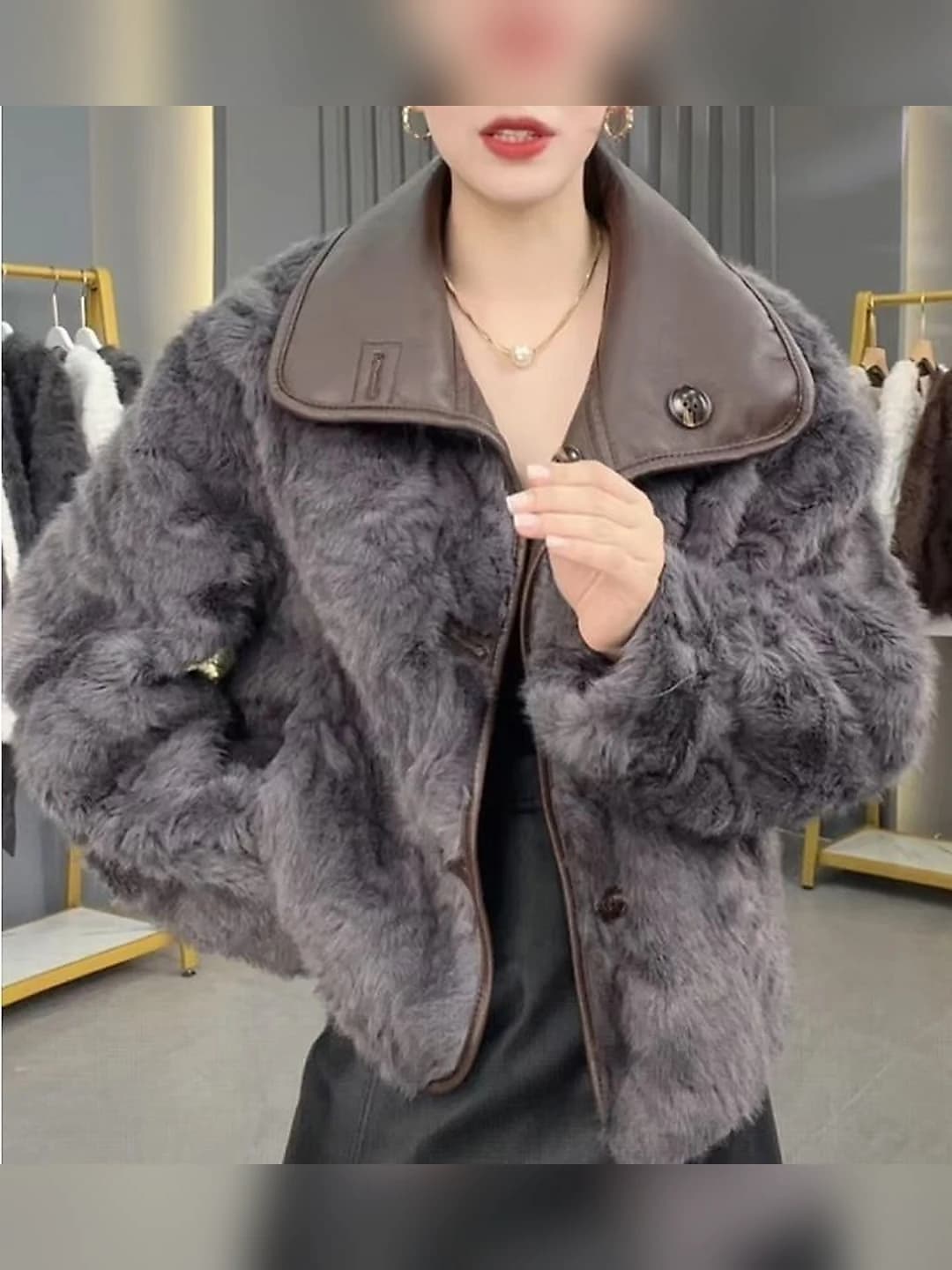 Women's winter shearling coat 2026 with lapel collar, long sleeve, POLO collar and faux fur