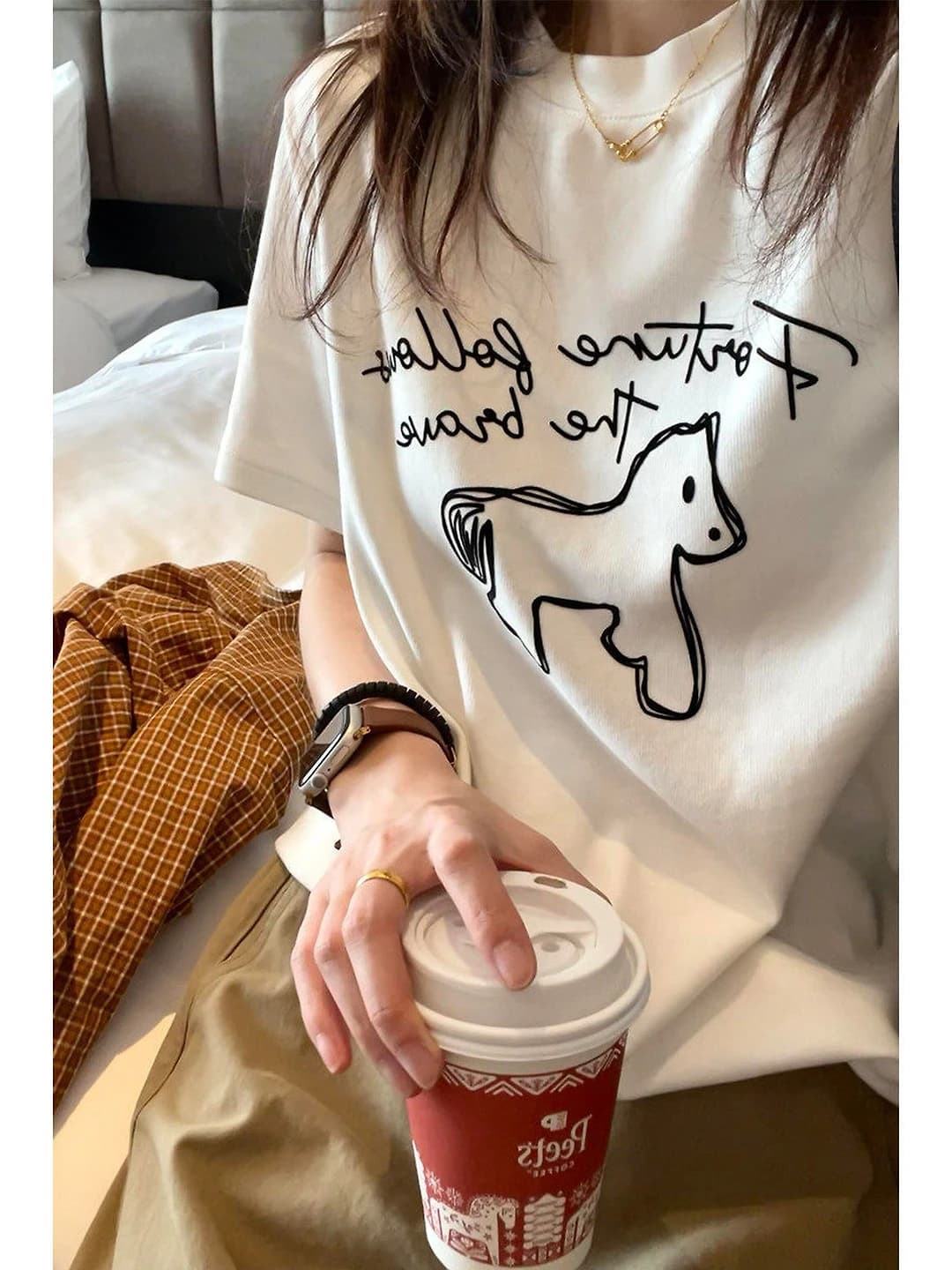 Women's pure cotton retro style short sleeve loose fit t-shirt, summer casual wear
