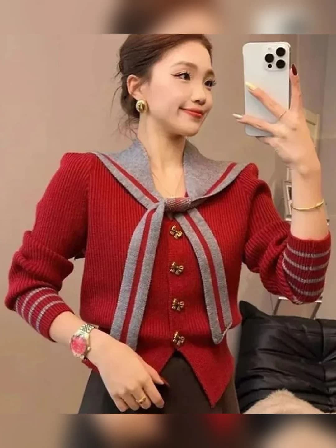 Women's knit cardigan, long sleeve, slimming, solid colour, loose fit, collar type: sailor collar