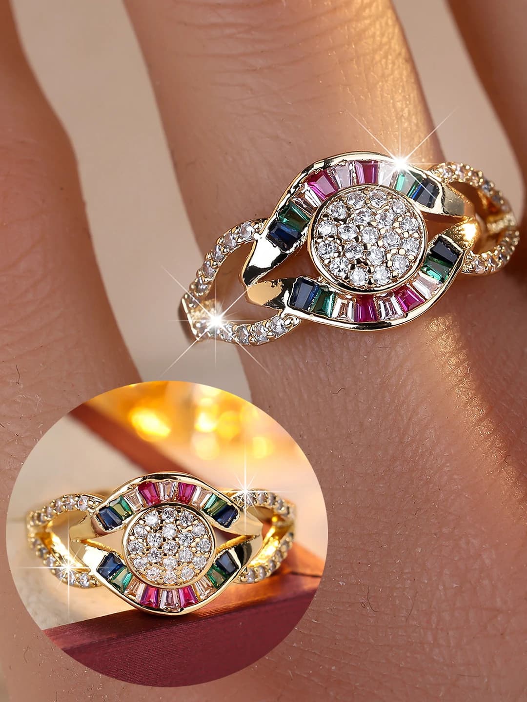 Women's ring with colored zircons in eye shape in hip-hop style