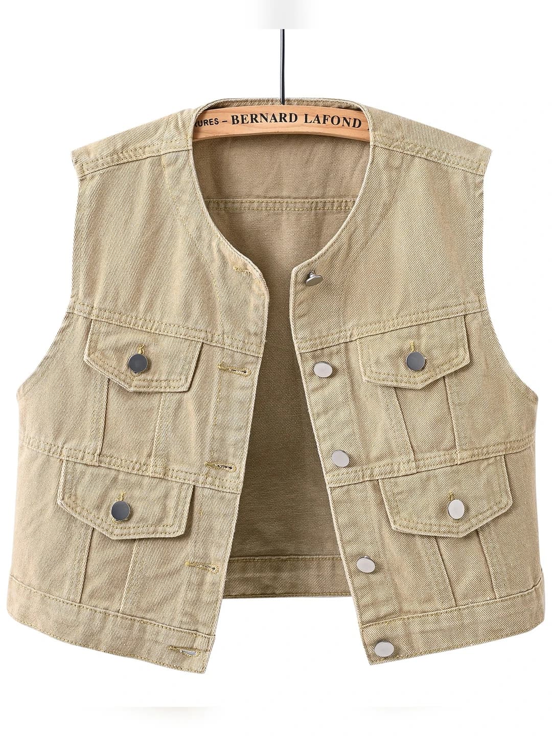 Women's crew neck sleeveless slim fit cropped denim vest, solid colour, casual style