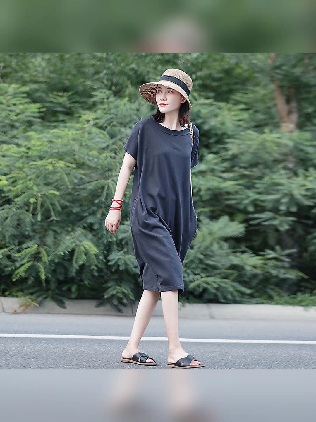 Women's casual retro T-shirt dress, solid colour, mid-length, slimming, loose fit, crew neck, short sleeve, summer