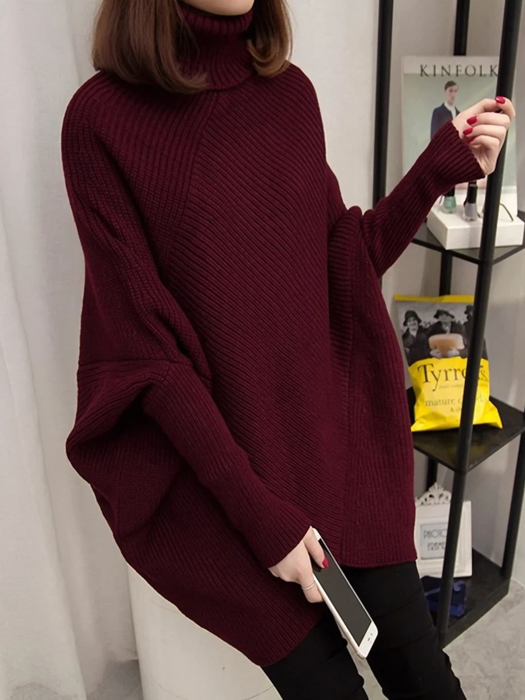 Women's 2026 autumn-winter thickened, solid colour, loose fit, high neck, long sleeve, thick sweater