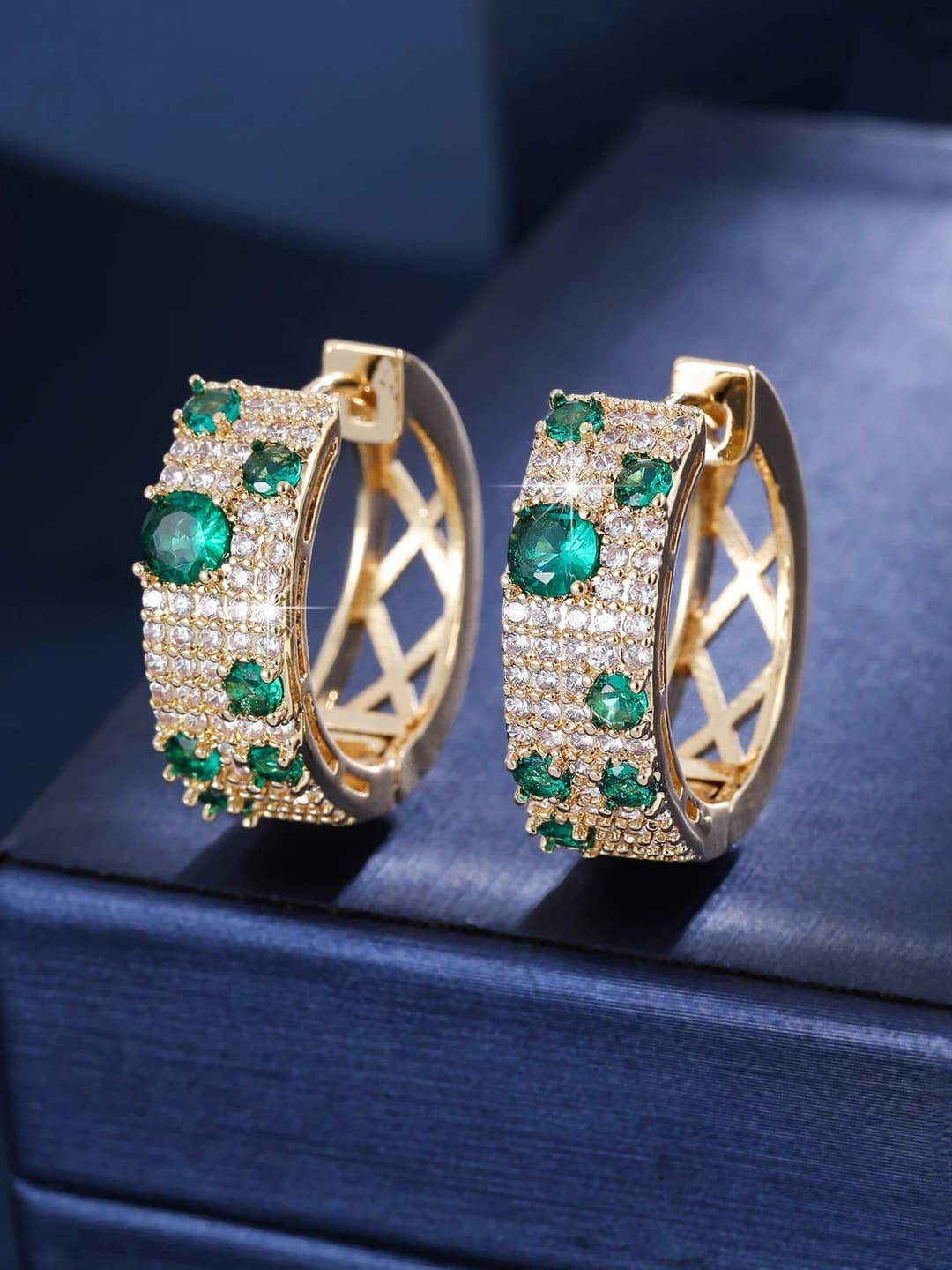 Women's wide geometric hoop earrings with full cubic zirconia, brass with real gold plating, for daily and work wear
