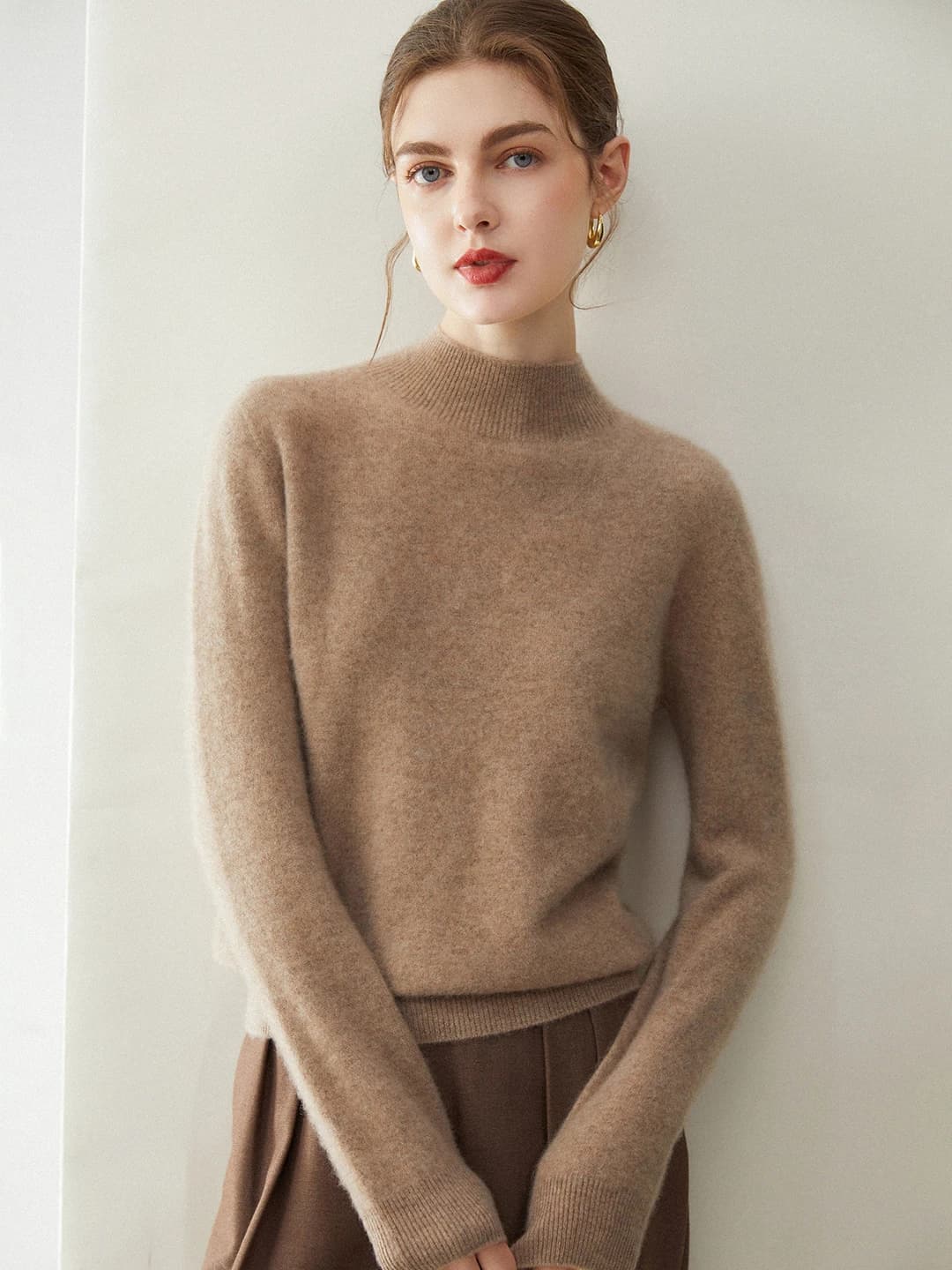 Women's 100% cashmere sweater, mock neck, solid colour, long sleeve, warm, non-iron