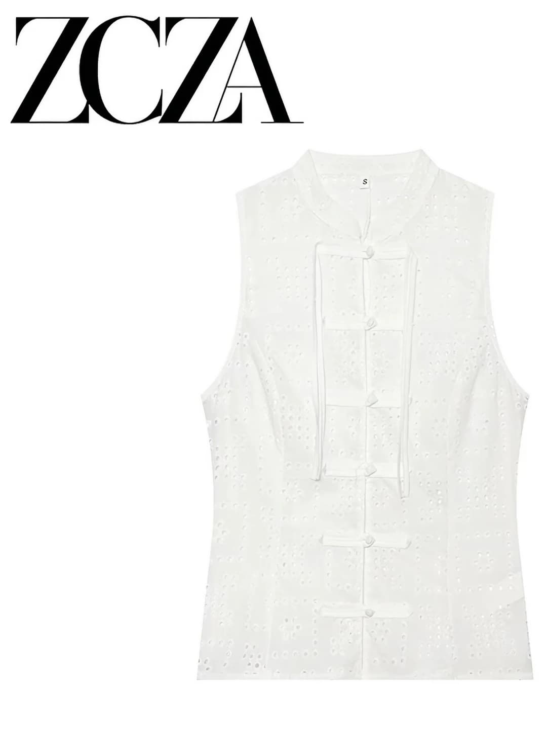 Women's embroidered vest blouse, stand collar, solid colour, multi-button, street style