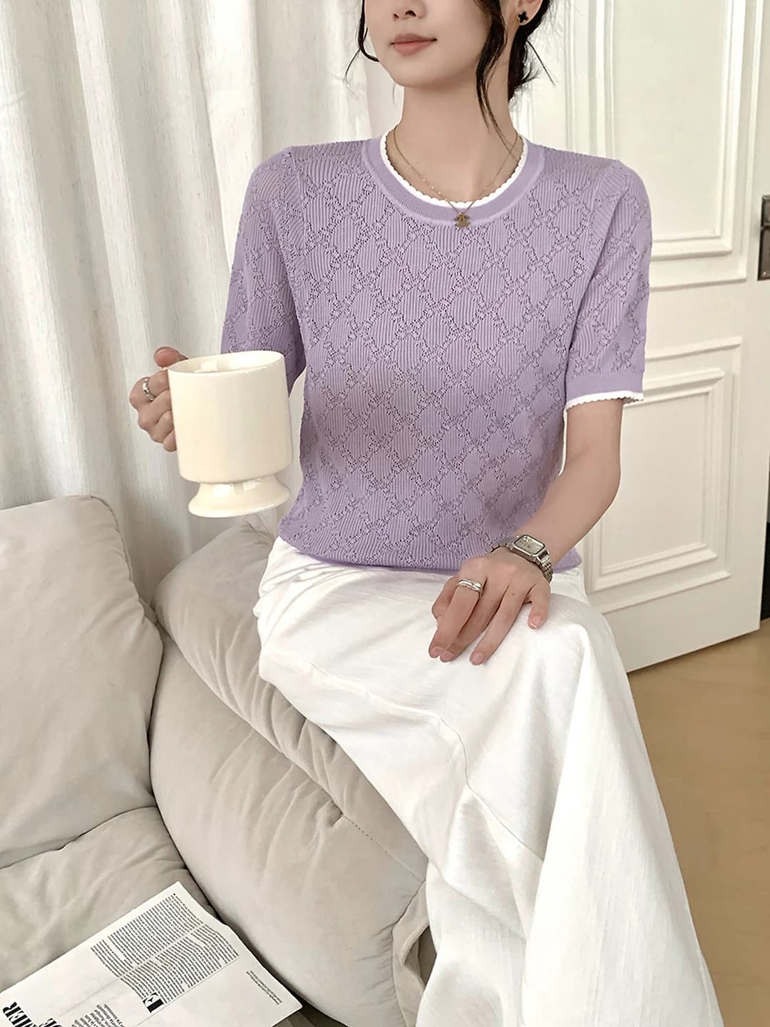 Women's knit top: thin, crew neck, short sleeve, loose fit, slimming, solid colour, openwork design, 2026