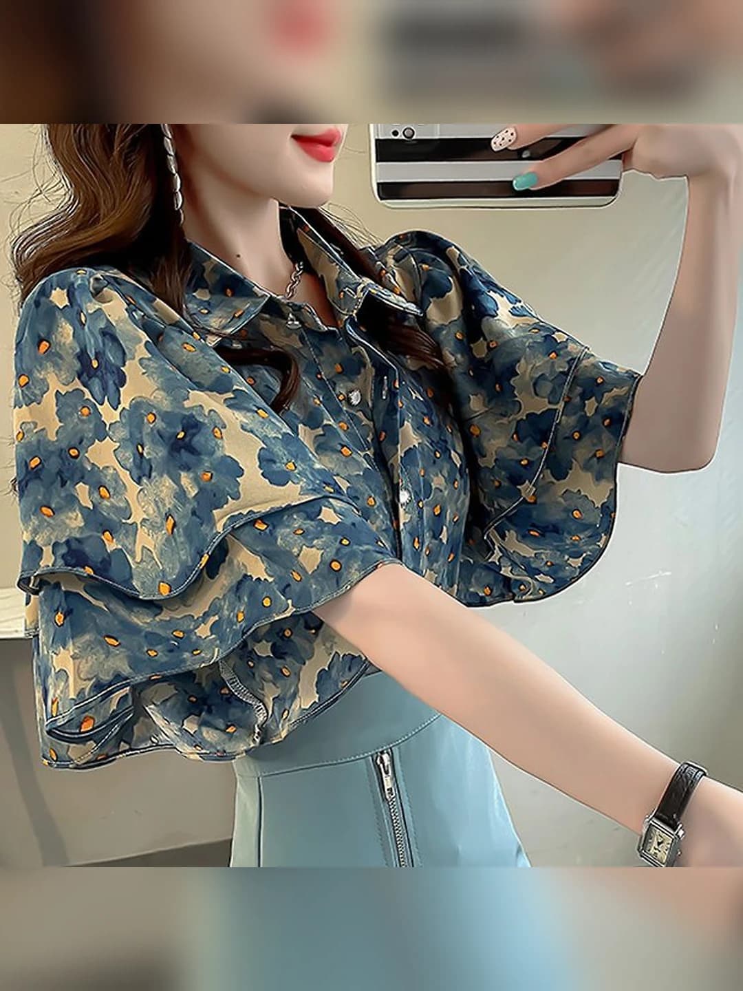Women's floral ruffle short-sleeve blouse with collar, loose fit and plus size
