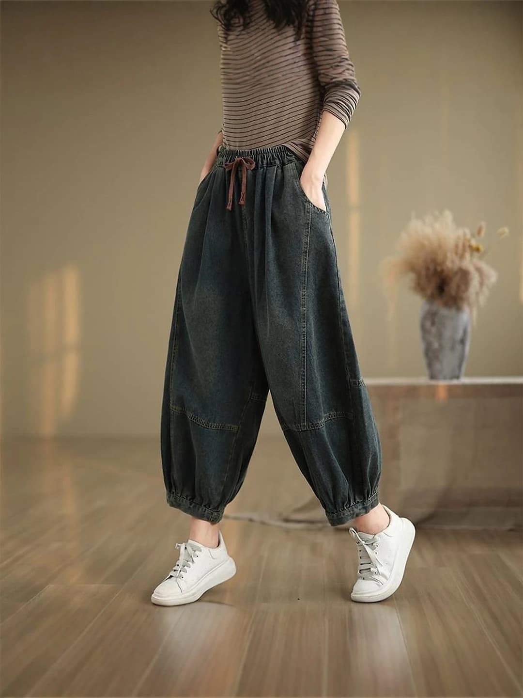 Women's 2026 loose fit denim harem pants, elastic waist, Korean style, retro, slimming, casual