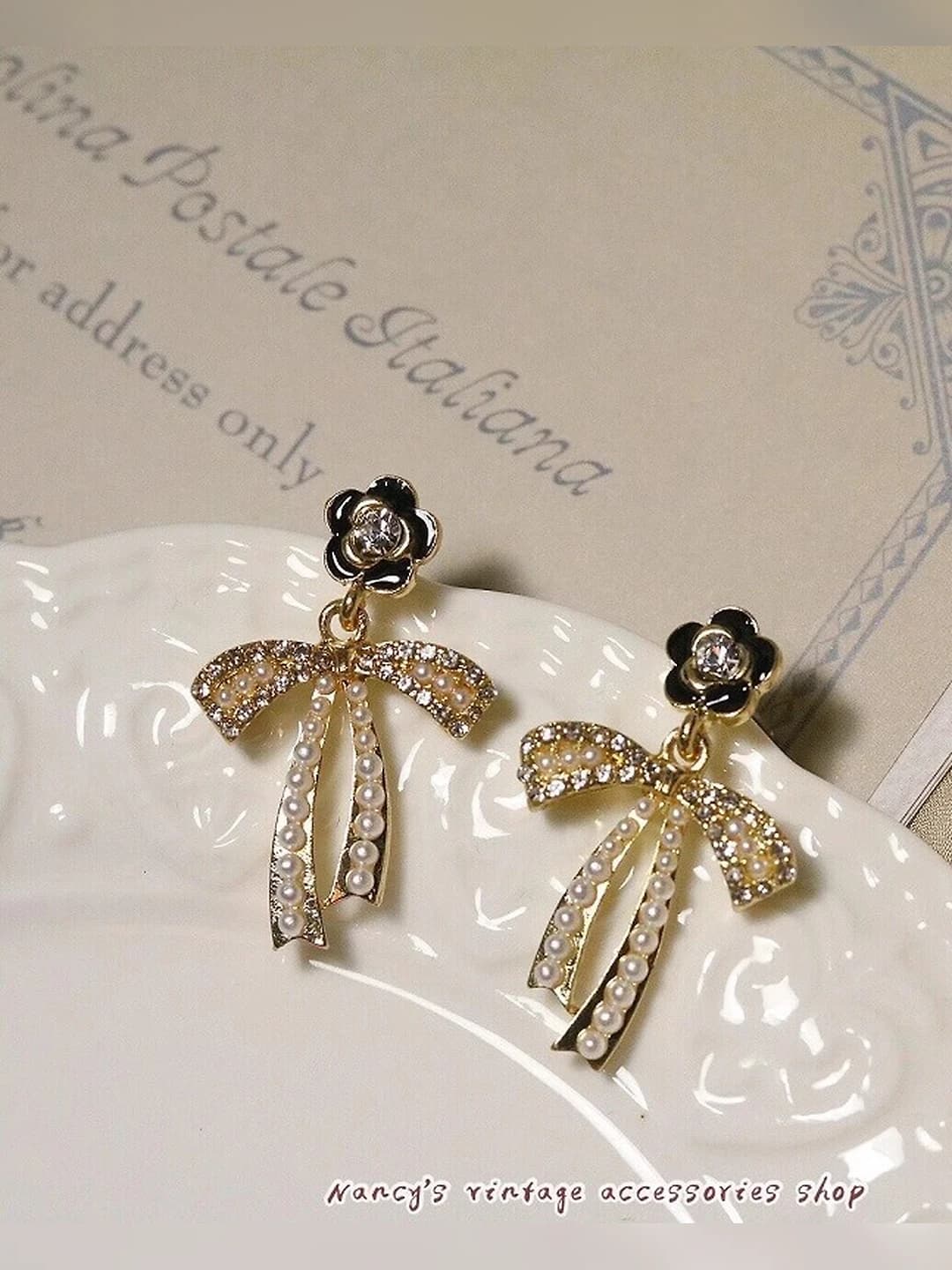 Women's silver post camellia and bow pearl earrings, alloy, retro style