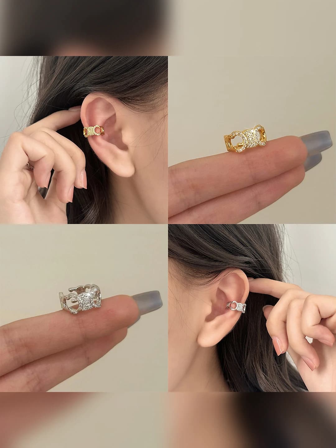 Women's geometric ear clips with zircon and cutout design, 18k gold plating, luxury style