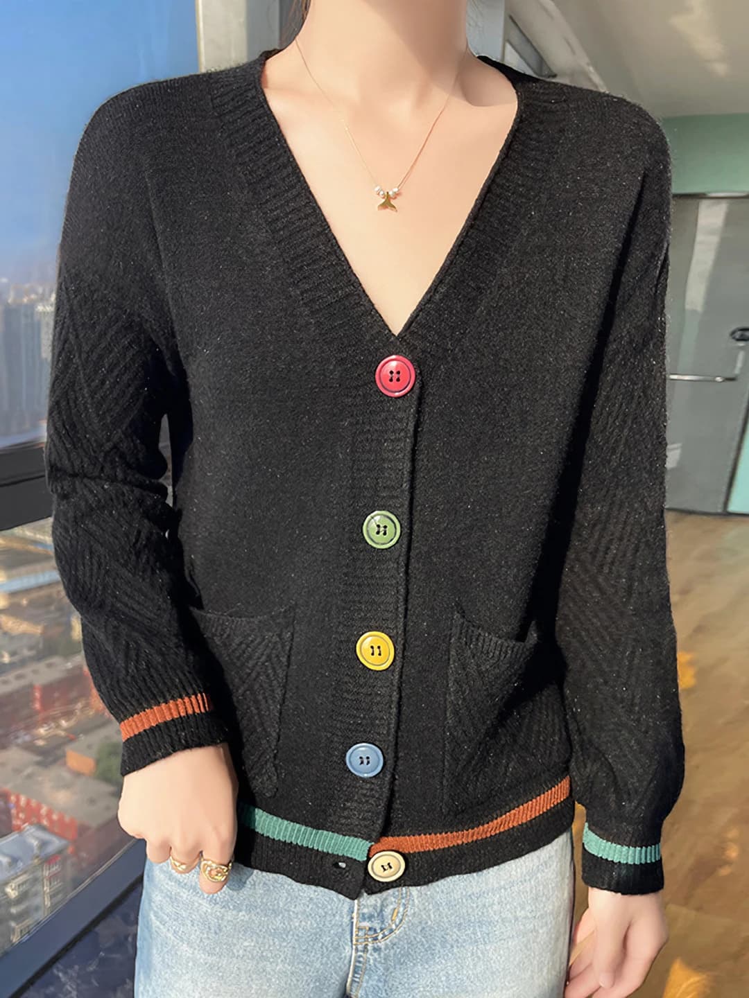 Women's 2026 spring-autumn Korean style V-neck long sleeve loose fit knit cardigan, solid colour, contrast buttons