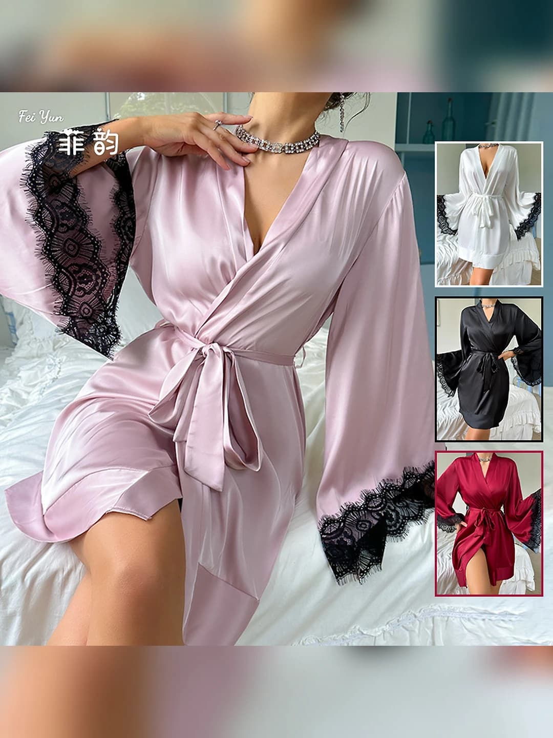 Women's satin wrap robe, artificial silk fabric, long sleeve, V-neck, for summer, spring, autumn